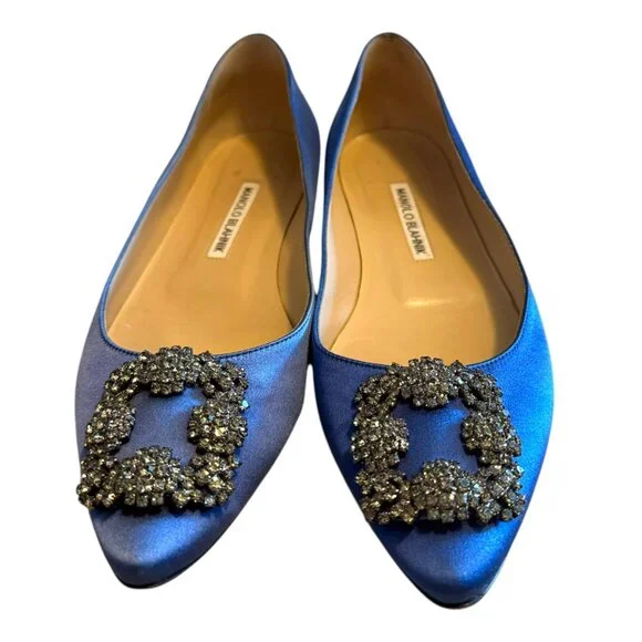 MANOLO BLAHNIK | Hangisi Crystal-Buckle Satin Flat 38.5 8.5 BLUE - Picture 8 of 16